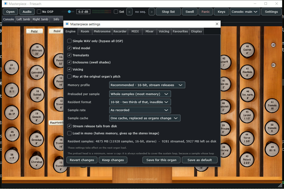 Engine settings: DSP switches, preload and streaming