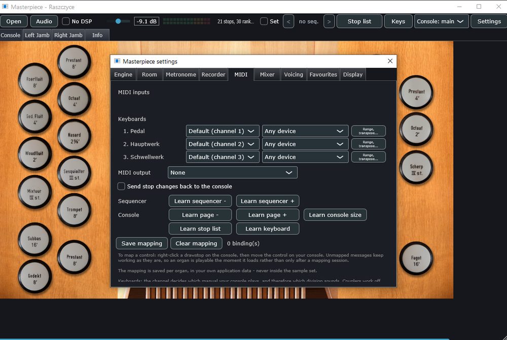 MIDI settings: keyboards, channels and learning