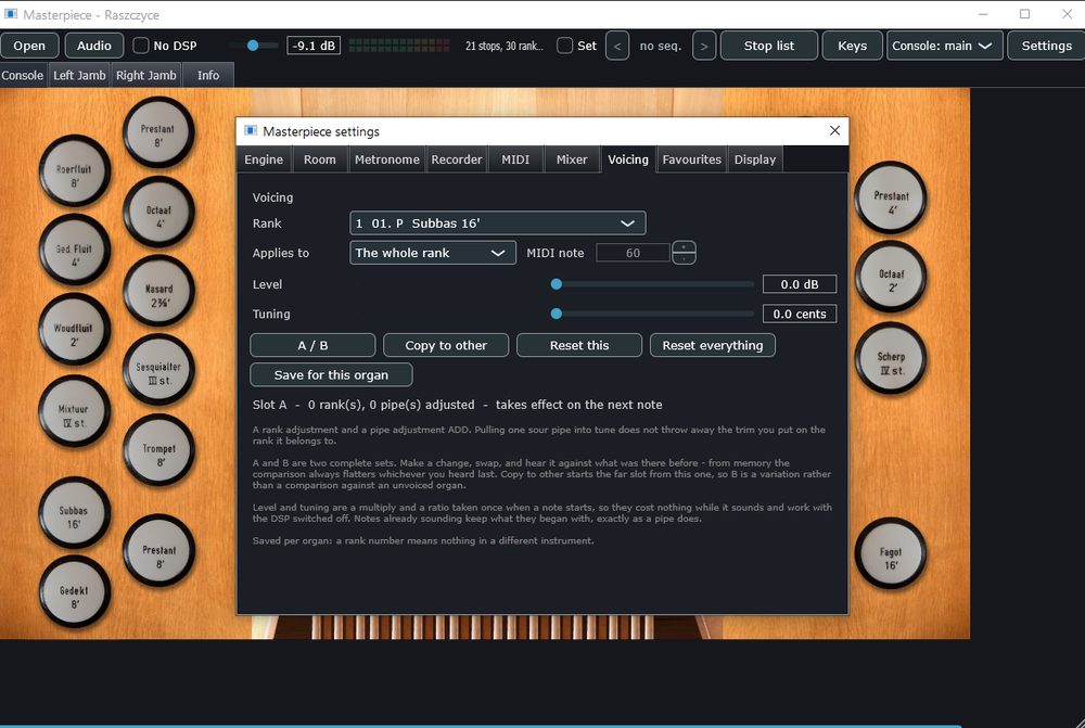 Voicing: per-rank and per-pipe level and tuning